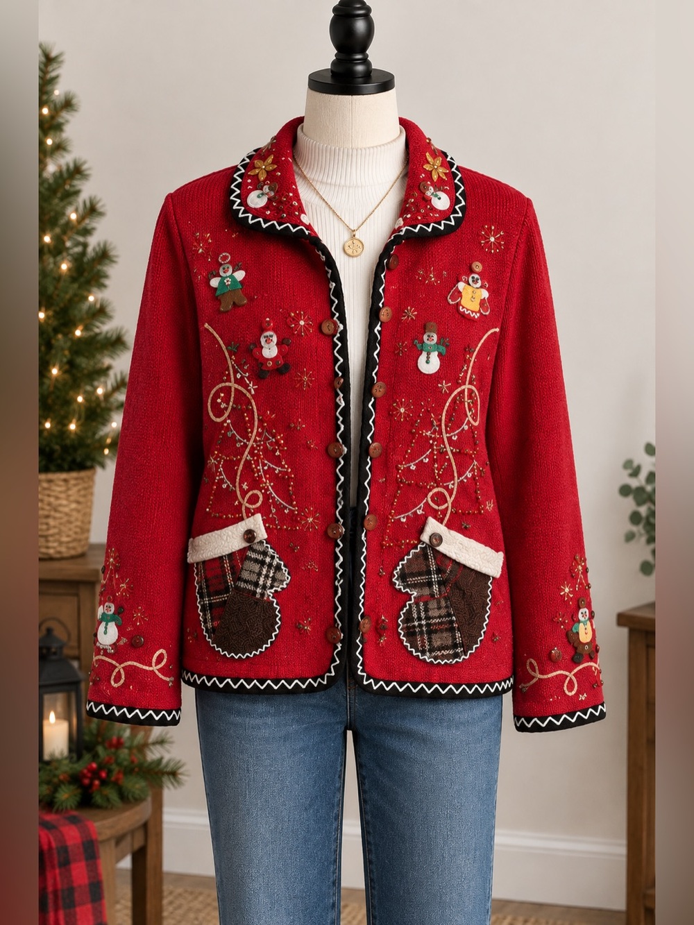 KIKIT Vintage Christmas Sweater Jacket Red Embellished Holiday Size S